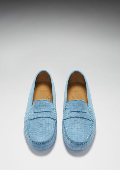 Women's Penny Driving Loafers, blue embossed suede