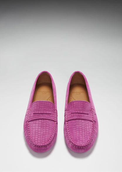 Women's Penny Driving Loafers, pink embossed suede-3