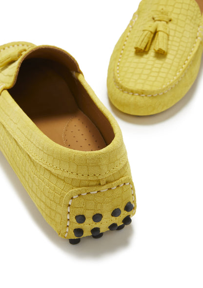Women's Tasselled Driving Loafers, yellow embossed suede